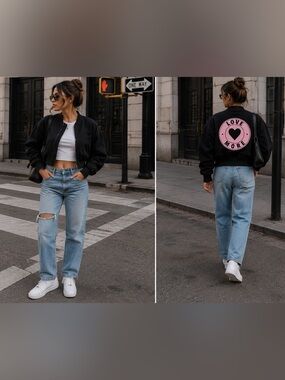 Graphic love Bomber Jacket Black Cropped Y2K Varsity Small heart graphic